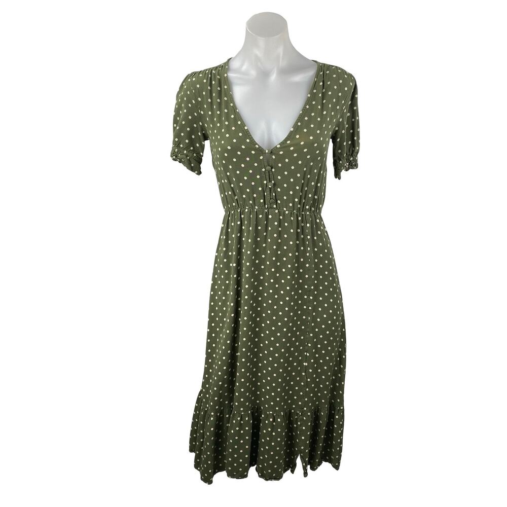 Zara Womens Green Polka Dot V Neck Puff Sleeve Button Midi Flare A-Line Dress XS